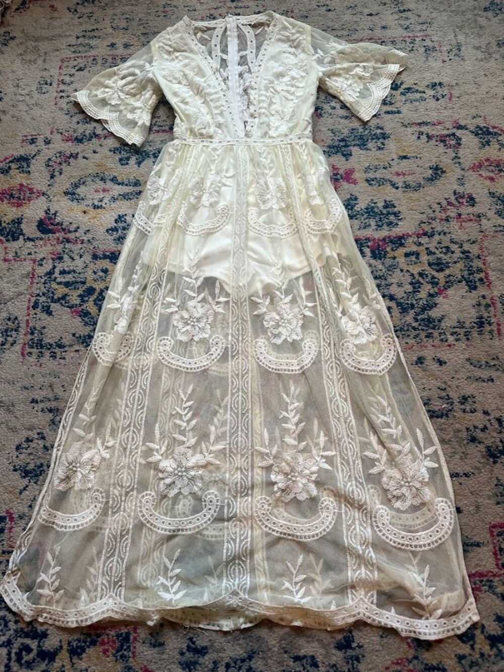 Honey Punch Cream Boho Bridal Embroidered Lace Romper Overlay Maxi Dress - S